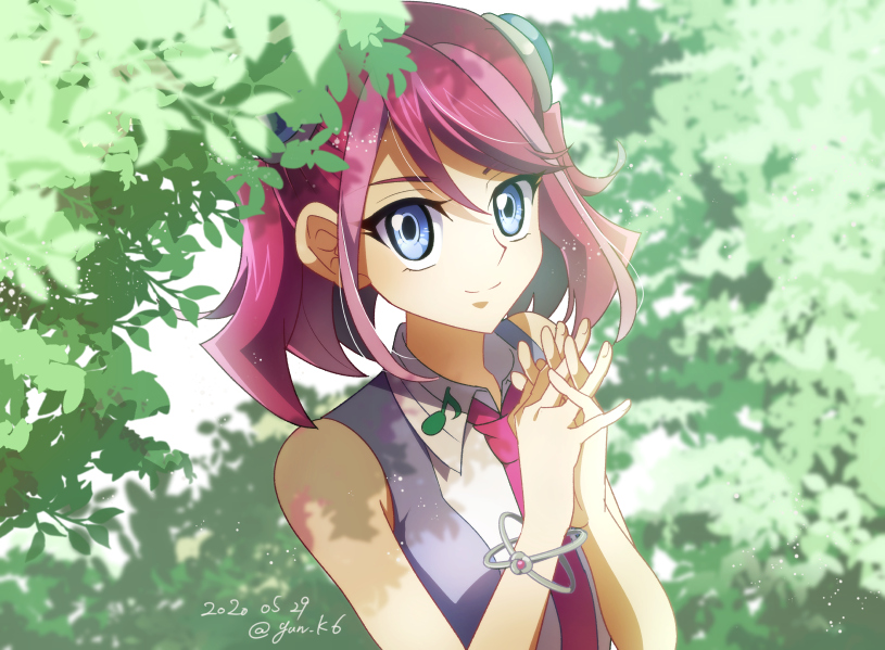 1girl 2020 bangs blue_eyes closed_mouth collared_shirt dappled_sunlight dated day hair_between_eyes hands_clasped highlights hiiragi_yuzu long_hair looking_at_viewer multicolored_hair musical_note necktie outdoors own_hands_together pink_hair red_neckwear redhead shirt signature sleeveless sleeveless_shirt smile solo sunlight twintails twitter_username two-tone_hair upper_body white_shirt wing_collar yu-gi-oh! yu-gi-oh!_arc-v yun_yu