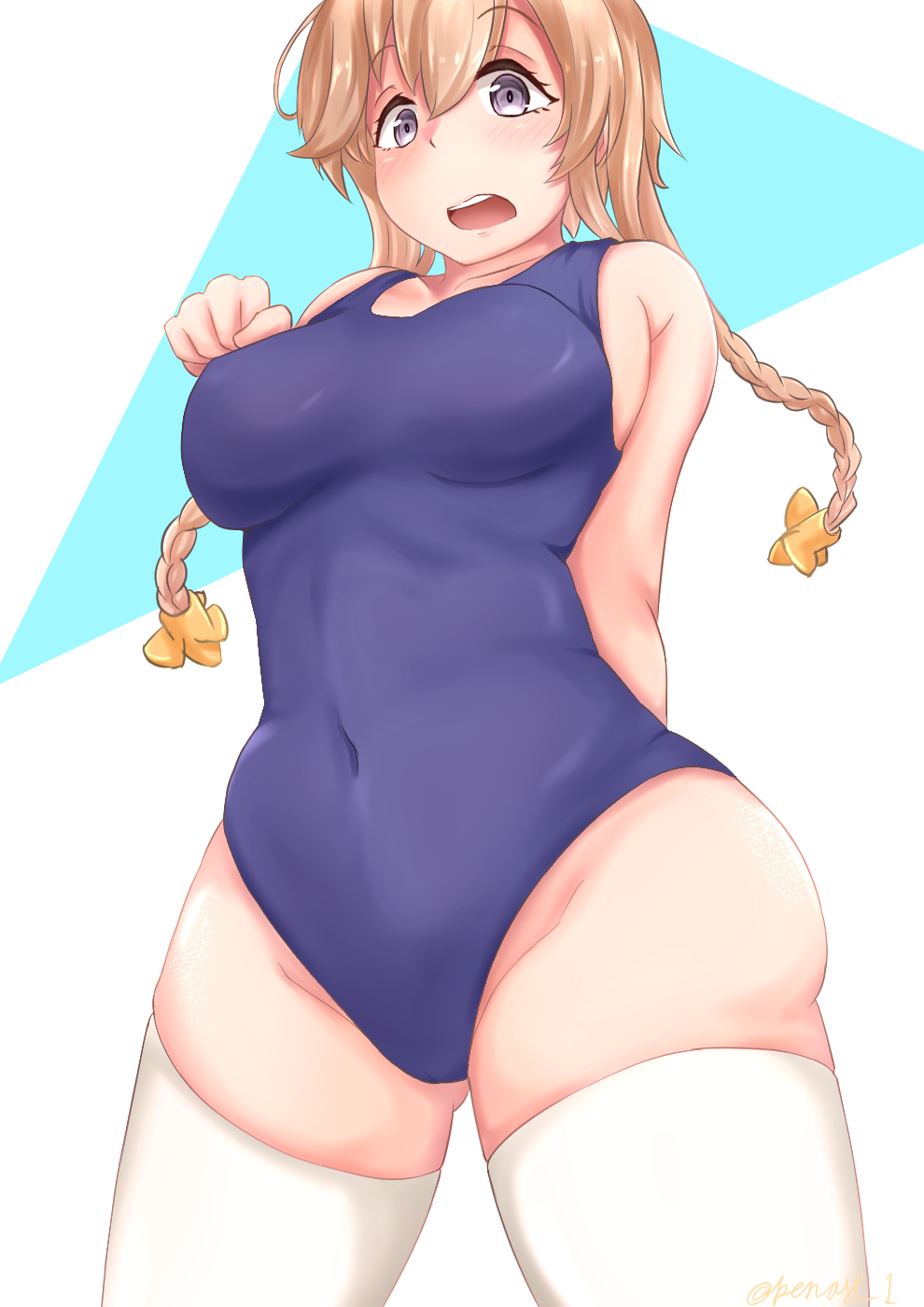 1girl arms_behind_back ass_visible_through_thighs blue_swimsuit blush braid breasts covered_navel embarrassed from_below grey_eyes hair_ornament hand_on_own_chest highres kantai_collection light_brown_hair long_hair looking_at_viewer looking_down medium_breasts old_school_swimsuit one-piece_swimsuit open_mouth propeller_hair_ornament school_swimsuit sinape solo swimsuit teruzuki_(kantai_collection) twin_braids white_background