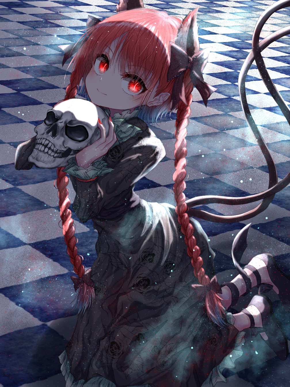 1girl animal_ears bangs black_bow black_footwear black_legwear black_tail bow braid cat_ears cat_tail checkered checkered_floor closed_mouth dress extra_ears green_dress hair_bow highres holding holding_skull kaenbyou_rin kayon_(touzoku) kneeling light_particles light_rays long_sleeves looking_at_viewer multiple_tails red_eyes redhead shadow short_hair skull smile solo tail touhou twin_braids two_tails v-shaped_eyebrows