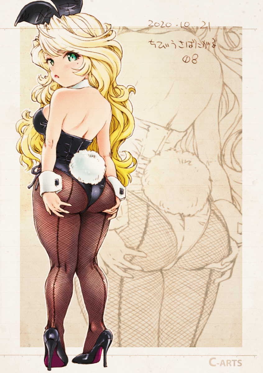 1girl animal_ears ass back-seamed_legwear ballpoint_pen_(medium) black_footwear black_legwear black_leotard blonde_hair bunny_tail commentary_request dated detached_collar from_behind green_eyes high_heels highres leotard looking_at_viewer looking_back maguta original pantyhose playboy_bunny rabbit_ears seamed_legwear solo standing strapless strapless_leotard tail traditional_media wavy_hair wrist_cuffs zoom_layer