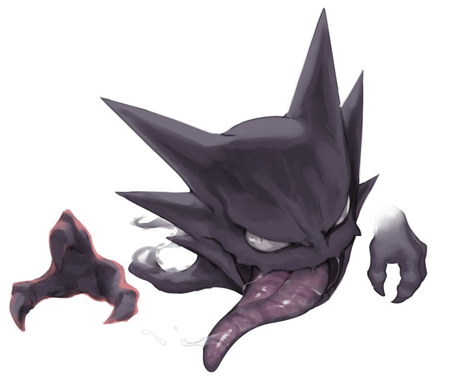 black_eyes claws creature floating gen_1_pokemon ghost hakai_shin haunter long_tongue no_humans open_mouth pokemon pokemon_(creature) pokemon_(game) saliva saliva_trail simple_background tongue tongue_out white_background