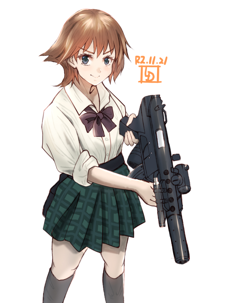 1girl alternate_costume artist_logo black_legwear blouse blue_eyes bow bowtie brown_hair commentary_request cowboy_shot dated doyagao green_skirt gun hiei_(kantai_collection) holding holding_gun holding_weapon kantai_collection kneehighs ld looking_at_viewer plaid plaid_skirt pleated_skirt purple_neckwear school_uniform short_hair simple_background skirt sleeves_rolled_up smile smug solo weapon white_background white_blouse