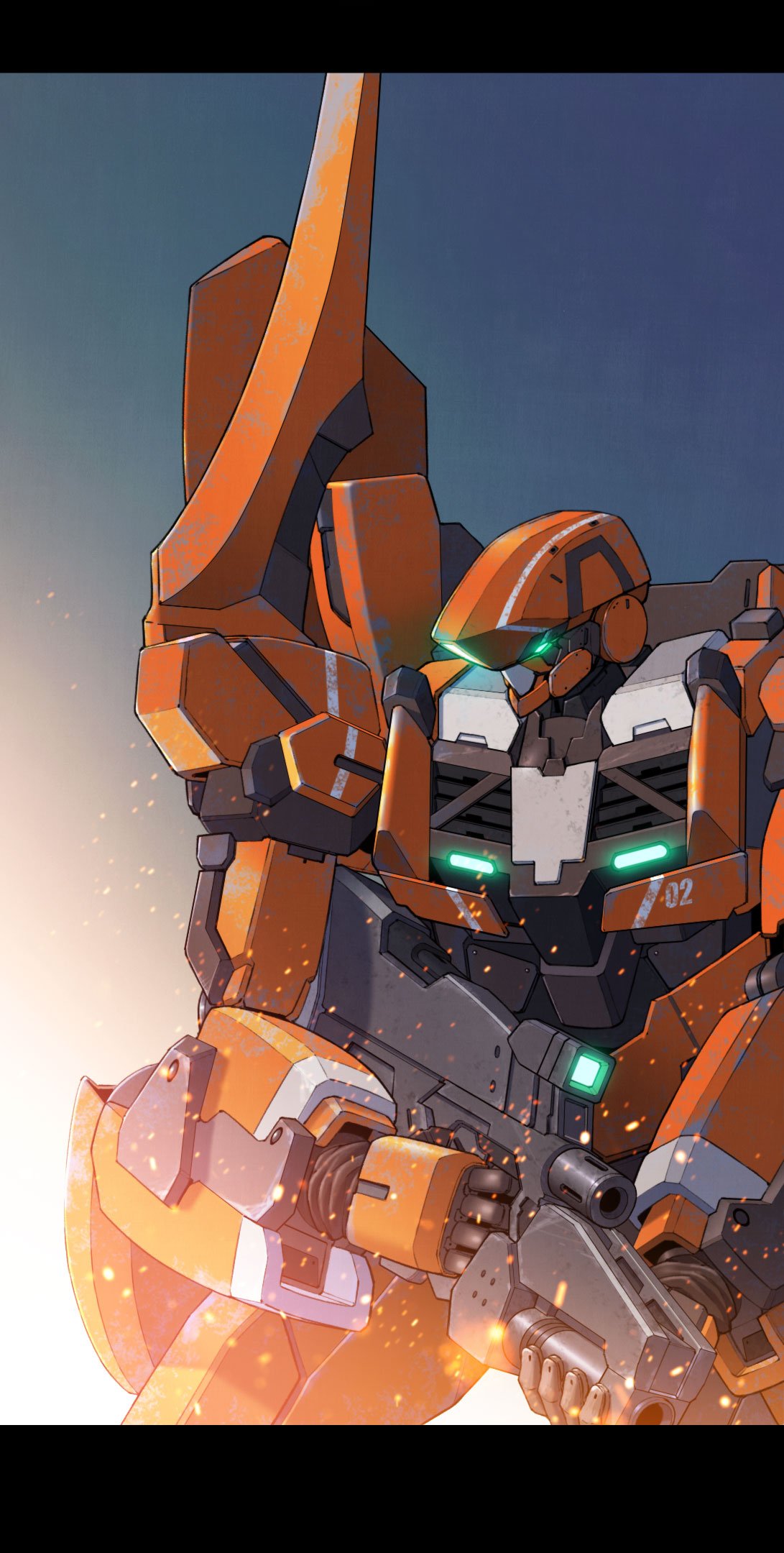 aldnoah.zero embers g.yamamoto glowing glowing_eyes green_eyes gun highres holding holding_gun holding_weapon kg-6_sleipnir looking_down mecha military no_humans science_fiction sky solo weapon