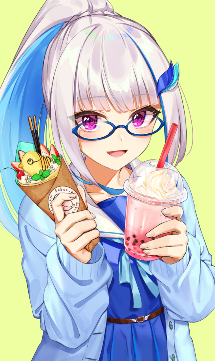 1girl :d bangs blue-framed_eyewear blue_bow blue_cardigan blue_serafuku blue_shirt blue_skirt blush bow cardigan commentary_request crepe cup disposable_cup drinking_straw eyebrows_visible_through_hair food glasses green_background hachinatsu hair_ornament hands_up high_ponytail holding holding_cup holding_food lize_helesta long_sleeves looking_at_viewer multicolored_hair nijisanji open_cardigan open_clothes open_mouth pleated_skirt pocky ponytail sailor_collar school_uniform sebastian_piyodore semi-rimless_eyewear serafuku shirt sidelocks silver_hair simple_background skirt sleeves_past_wrists smile solo two-tone_hair under-rim_eyewear violet_eyes virtual_youtuber white_sailor_collar