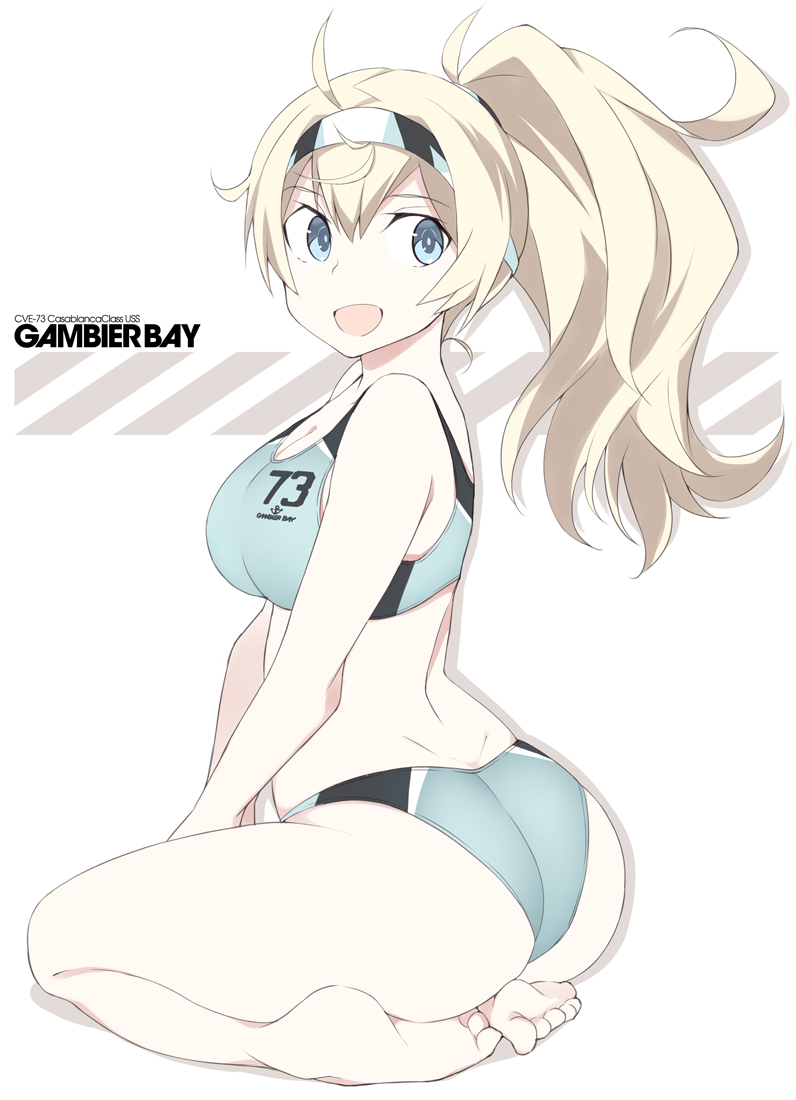 1girl anchor_symbol ass bare_arms bare_legs bare_shoulders barefoot bikini blonde_hair blue_bikini blue_eyes character_name clothes_writing eyebrows_visible_through_hair full_body gambier_bay_(kantai_collection) hair_between_eyes kantai_collection long_hair open_mouth ponytail shigino_sohuzi smile solo sports_bikini swimsuit toes