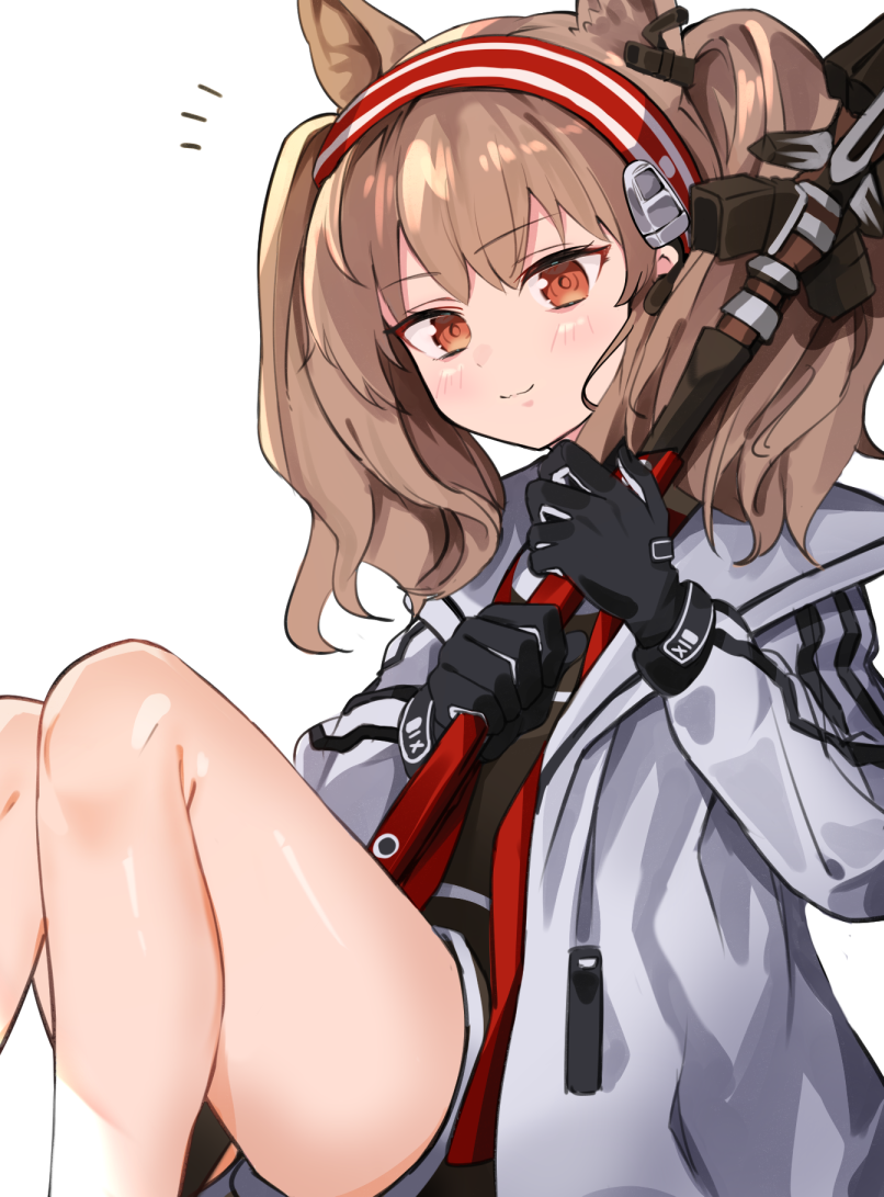 1girl angelina_(arknights) animal_ears arknights bangs black_gloves blush brown_eyes brown_hair commentary eyebrows_visible_through_hair feet_out_of_frame fox_ears gloves grey_jacket hairband holding holding_staff jacket knees_up long_hair long_sleeves looking_at_viewer poyano red_hairband simple_background sitting smile solo staff thighs twintails white_background