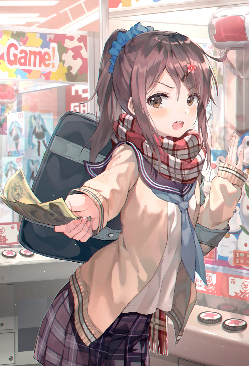 1girl arcade bag black_skirt blue_neckwear blush brown_eyes brown_hair cardigan commentary_request cowboy_shot crane_game eyebrows_visible_through_hair fingernails flower hair_flower hair_ornament hair_scrunchie hairclip hatsune_miku highres holding holding_money huwali_(dnwls3010) indoors long_hair long_sleeves looking_at_viewer miniskirt money nail_polish neckerchief open_cardigan open_clothes open_mouth original pink_nails plaid plaid_scarf plaid_skirt pleated_skirt ponytail red_flower red_scarf scarf school_bag school_uniform scrunchie serafuku sidelocks skirt sleeves_past_wrists solo star_(symbol) v-shaped_eyebrows vocaloid yellow_cardigan