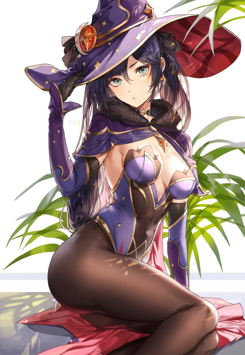 1girl aqua_eyes bangs breasts cape choker fur_collar genshin_impact gloves hair_ornament hands_up hat highleg highleg_leotard highres kim_eb leotard long_hair looking_at_viewer medium_breasts mona_(genshin_impact) pantyhose parted_lips thighs twintails violet_eyes witch_hat