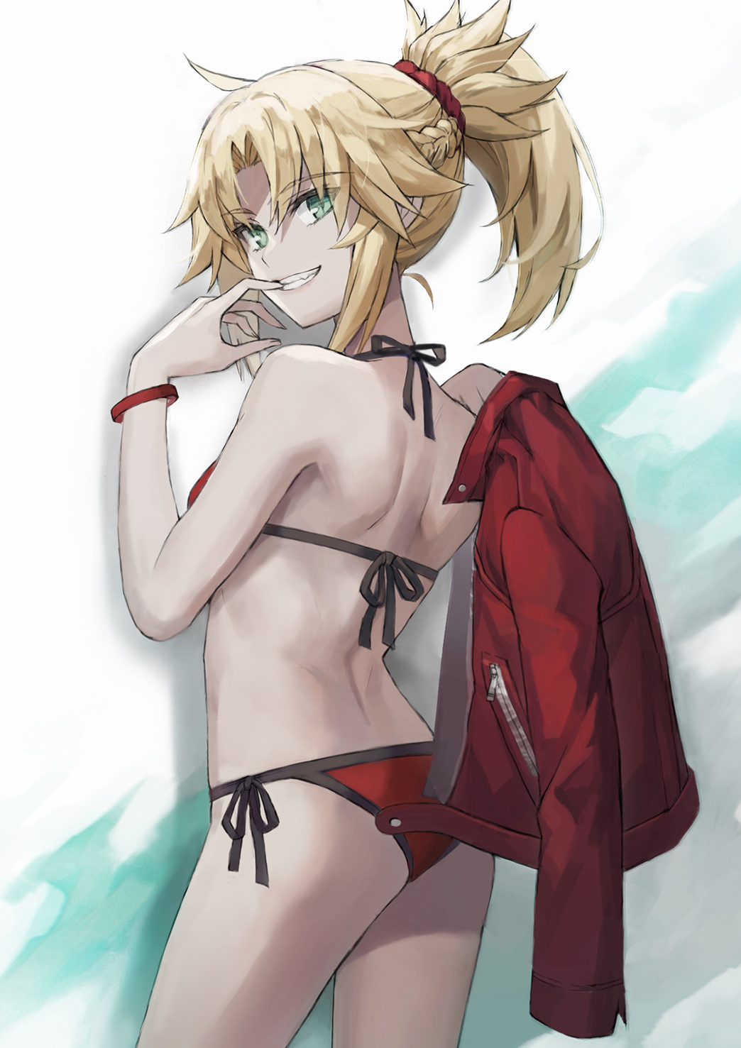 1girl ass back bangs bare_shoulders bikini blonde_hair braid breasts fate/grand_order fate_(series) french_braid green_eyes grin hair_ornament hair_scrunchie halterneck highres jacket jacket_removed jewelry long_hair looking_at_viewer looking_back mordred_(fate)_(all) mordred_(swimsuit_rider)_(fate) necklace ponytail red_bikini red_jacket red_scrunchie scrunchie side-tie_bikini sidelocks simple_background small_breasts smile solo string_bikini swimsuit tail thighs tonee tongue tongue_out
