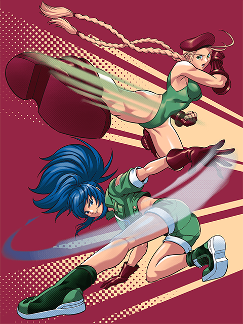 2girls blonde_hair blue_eyes blue_hair boots braid cammy_white capcom coinboxtees combat_boots fighting_stance fingerless_gloves gloves green_jacket green_shorts hat jacket leona_heidern leotard multiple_girls muscle muscular_female ponytail shorts snk street_fighter the_king_of_fighters