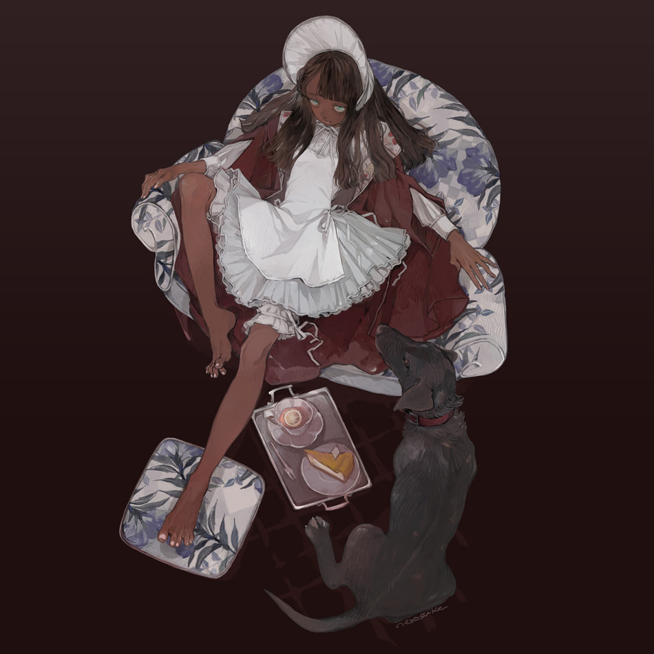 1girl apron bangs bare_legs barefoot black_background black_dog black_hair bonnet chair cup dark_skin dress feet floral_print food fork long_hair long_sleeves nekosuke_(oxo) original pie pie_slice plate simple_background sitting solo white_apron white_dress white_headwear