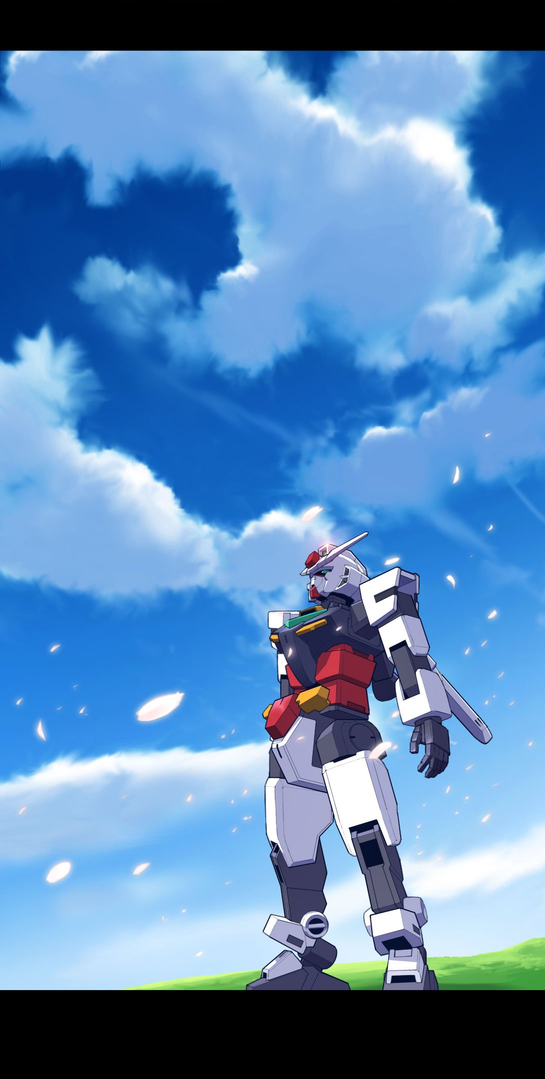 blue_eyes core_gundam falling_petals g.yamamoto gundam gundam_build_divers gundam_build_divers_re:rise highres looking_up mecha no_humans open_hand petals science_fiction sky solo standing v-fin