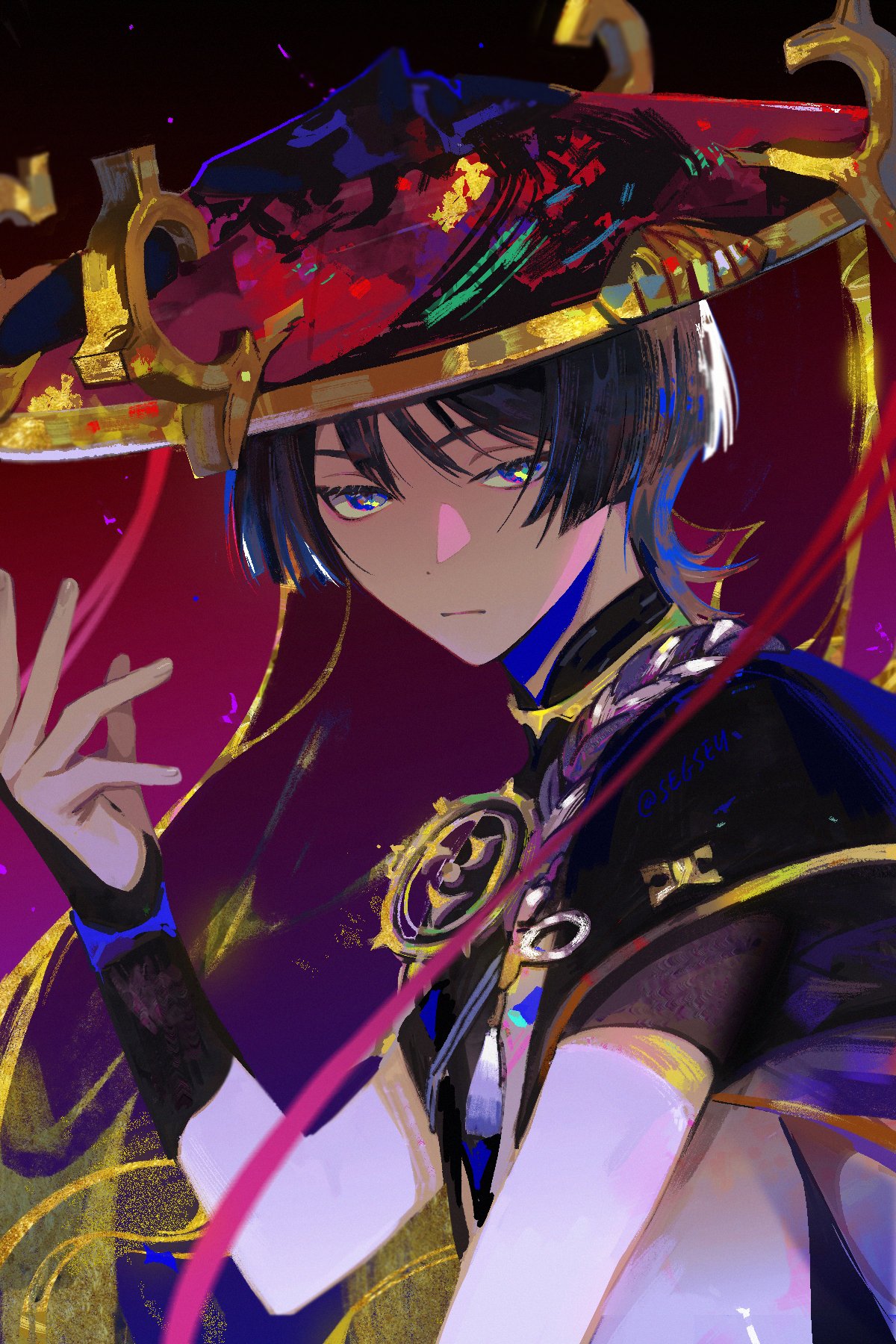 1boy black_gloves black_hair closed_mouth english_commentary fingerless_gloves genshin_impact gloves hat highres japanese_clothes male_focus multicolored ngop scaramouche short_sleeves solo upper_body