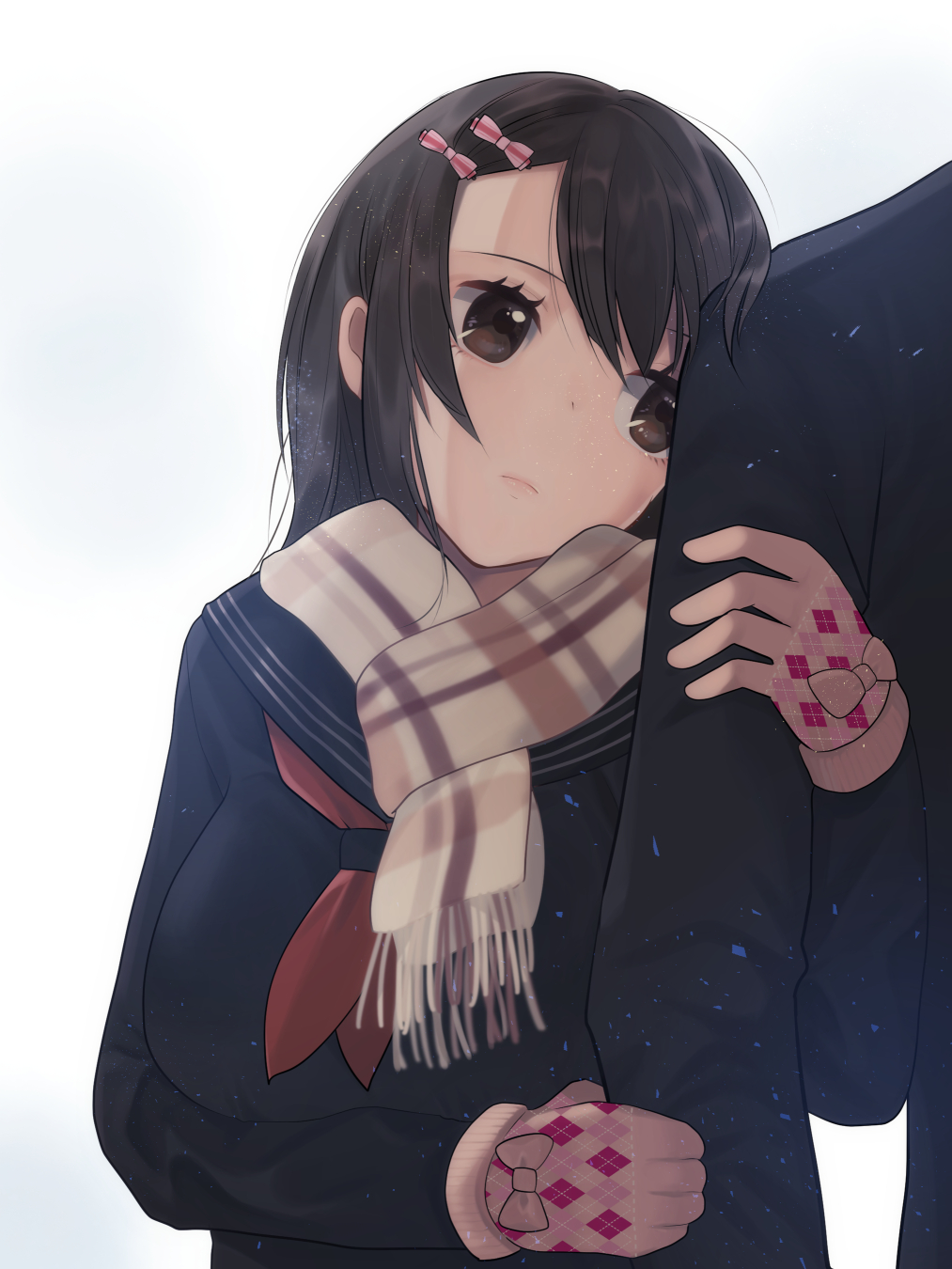 1boy 1girl arm_hug asymmetrical_bangs bangs blue_serafuku brown_eyes brown_hair check_commentary commentary commentary_request gloves hair_ornament hairclip highres holding_arm long_hair looking_at_another original out_of_frame ritasato scarf simple_background white_background