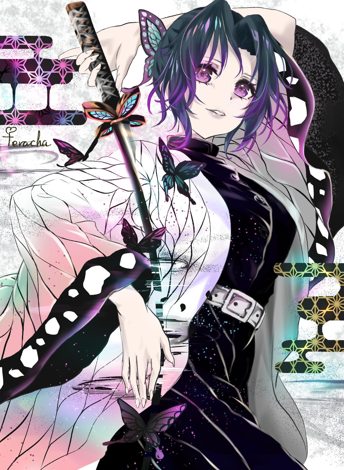 1girl arm_up artist_name belt belt_buckle black_hair black_jacket black_pants buckle bug butterfly butterfly_hair_ornament from_side gradient_hair hair_intakes hair_ornament haori highres holding holding_sword holding_weapon insect jacket japanese_clothes kimetsu_no_yaiba kochou_shinobu long_sleeves multicolored_hair pants parted_lips purple_hair short_hair solo standing sword teracha1 violet_eyes weapon white_belt