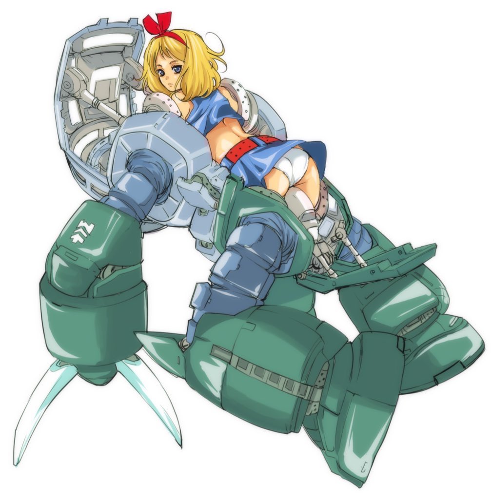 1girl ass back belt bent_over blonde_hair blue_skirt bow grey_eyes gundam hair_bow kikka_kitamoto looking_at_viewer looking_back mecha medium_hair mobile_suit_gundam older panties red_belt red_bow redesign skirt solo tamakoshi_horiyuki underwear white_panties z'gok