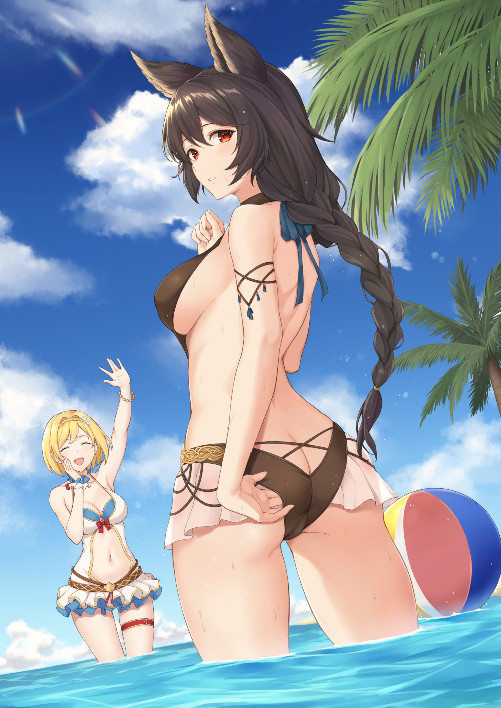 2girls animal_ears ass back ball bangs beach beachball bikini black_bikini black_hair blonde_hair blue_sky blush braid breasts closed_eyes djeeta_(granblue_fantasy) erune granblue_fantasy highres large_breasts long_braid long_hair looking_at_viewer looking_back microskirt multiple_girls nier_(granblue_fantasy) ocean red_eyes short_hair single_braid skirt sky smile swimsuit terry_(pixiv3274443) thighs wading white_swimsuit