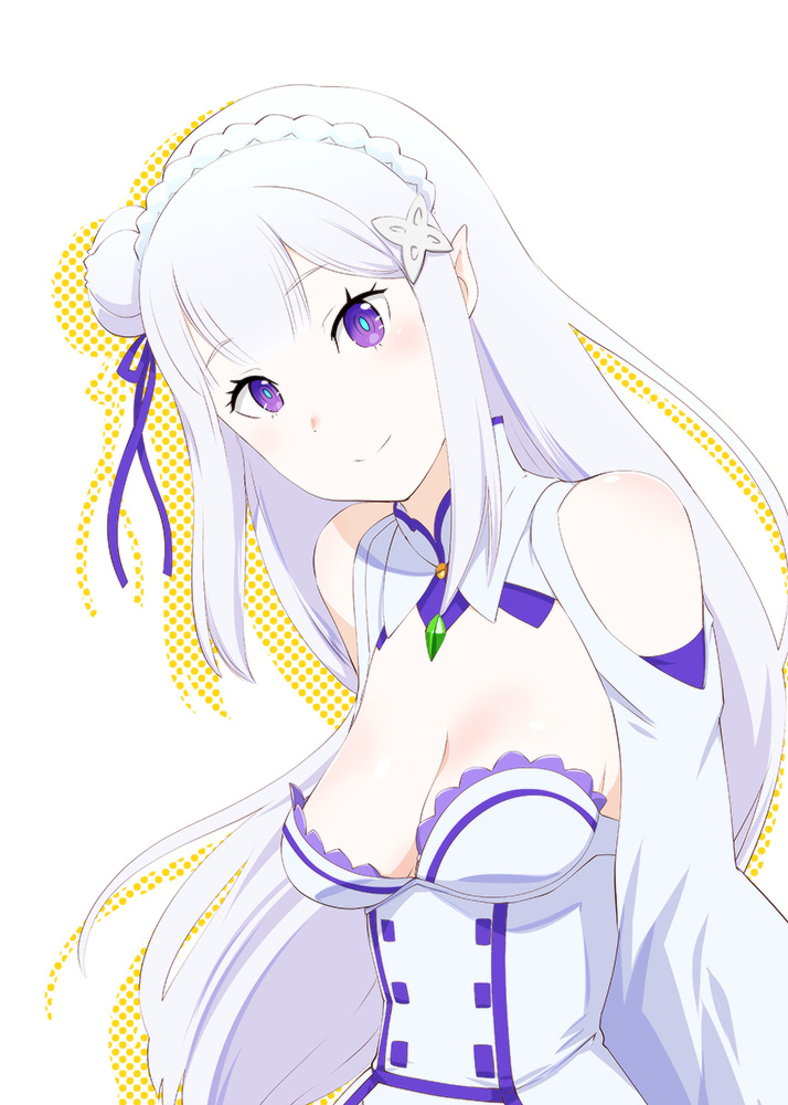 1girl breasts closed_mouth dress emilia_(re:zero) hair_ornament long_hair looking_at_viewer pointy_ears re:zero_kara_hajimeru_isekai_seikatsu silver_hair simple_background smile solo ueyama_michirou violet_eyes white_background