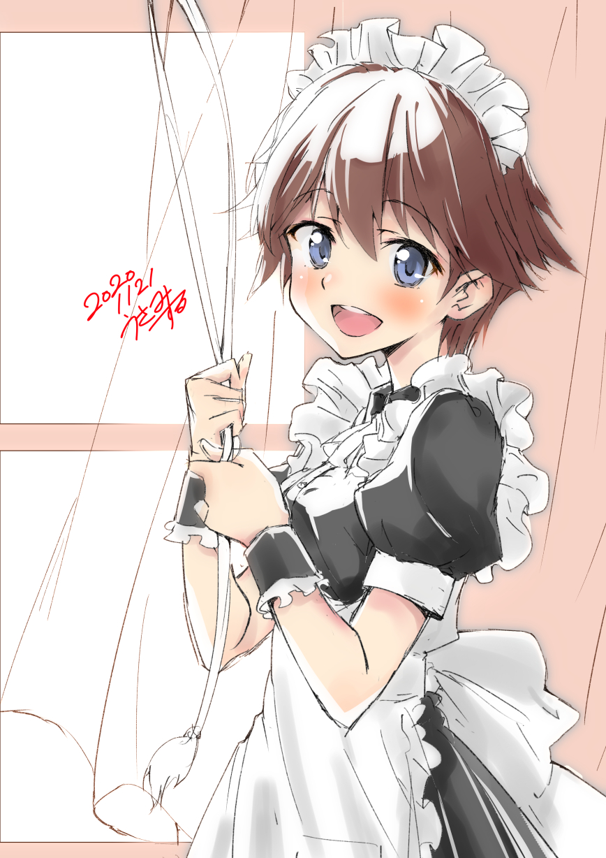 1girl alternate_costume apron black_dress brown_hair commentary_request cowboy_shot dated dress enmaided flipped_hair frilled_apron frills grey_eyes hiei_(kantai_collection) highres kantai_collection looking_at_viewer maid maid_headdress open_mouth round_teeth short_hair signature smile solo teeth upper_teeth usami_(50-point_caliper) white_apron window wrist_cuffs