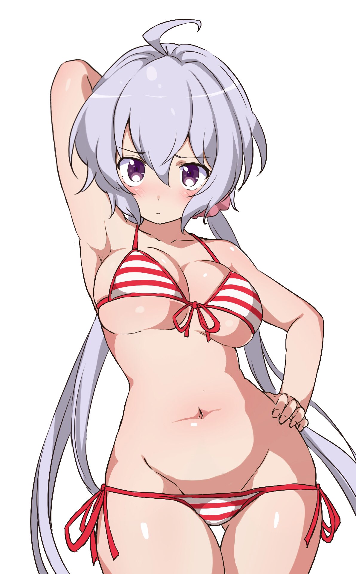 1girl ahoge arm_behind_head ass_visible_through_thighs bikini breasts chupirinko commentary_request cowboy_shot front-tie_top hair_ornament hair_scrunchie hand_on_hip highres large_breasts light_purple_hair long_hair looking_at_viewer low_twintails lowleg lowleg_bikini scrunchie senki_zesshou_symphogear side-tie_bikini simple_background solo striped striped_bikini swimsuit thigh_gap twintails violet_eyes white_background yukine_chris