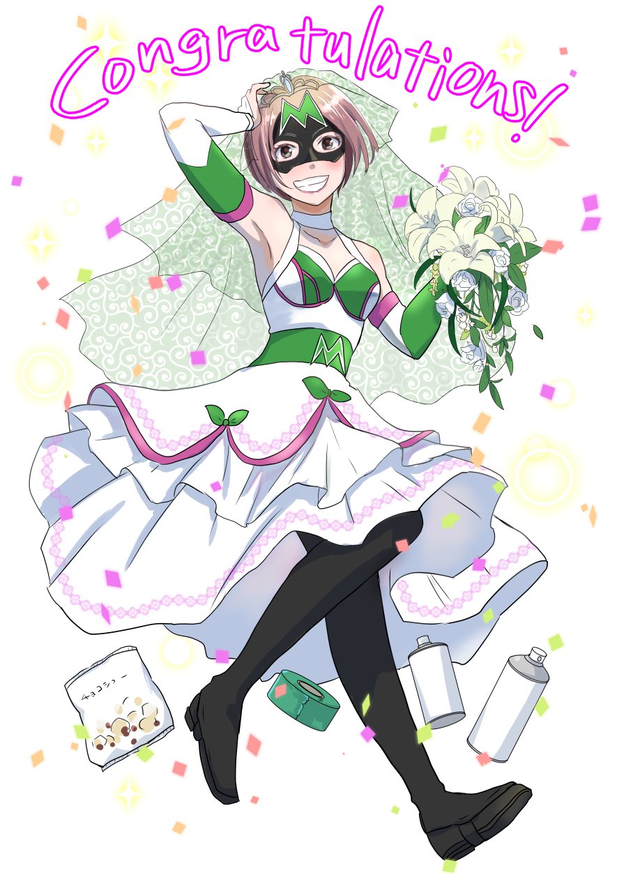 1girl armpits boots bouquet bridal_veil brown_eyes brown_hair commentary_request confetti dress flower grin heco_(rina) highres hyper_misao mask smile snack solo tape thigh-highs thigh_boots tokyo_joshi_pro_wrestling veil