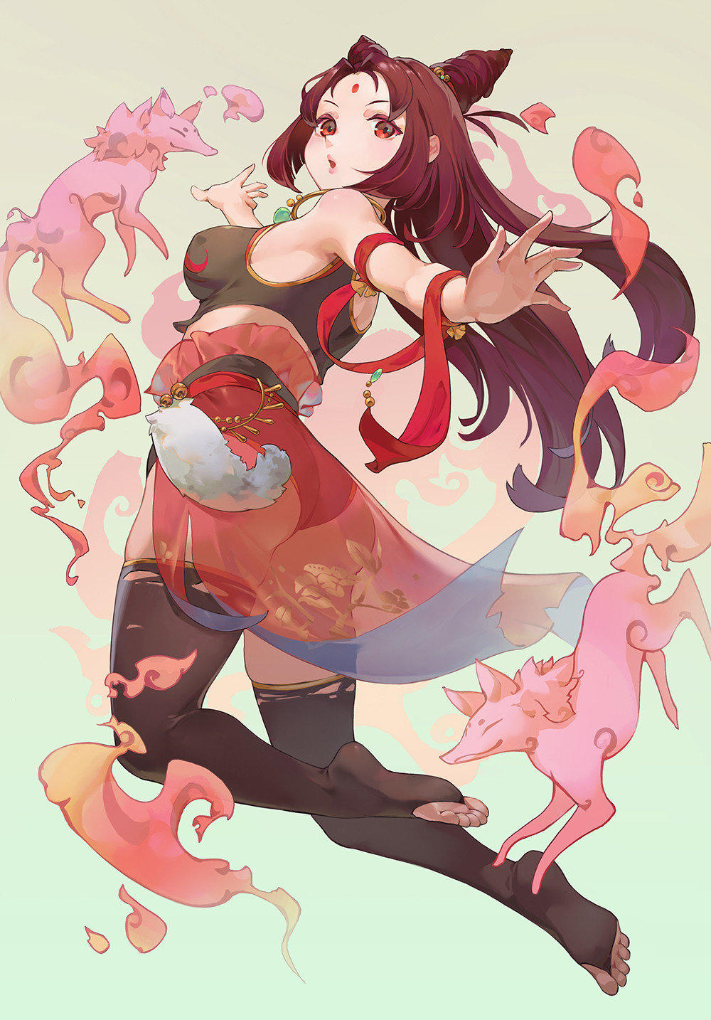 1girl arm_ribbon ass barefoot bindi brown_hair chinese_clothes crop_top fox hair_horns highres jewelry long_hair looking_back necklace original outstretched_arms petals red_eyes ribbon see-through shopp spirits thigh-highs toeless_legwear toes waist_cape