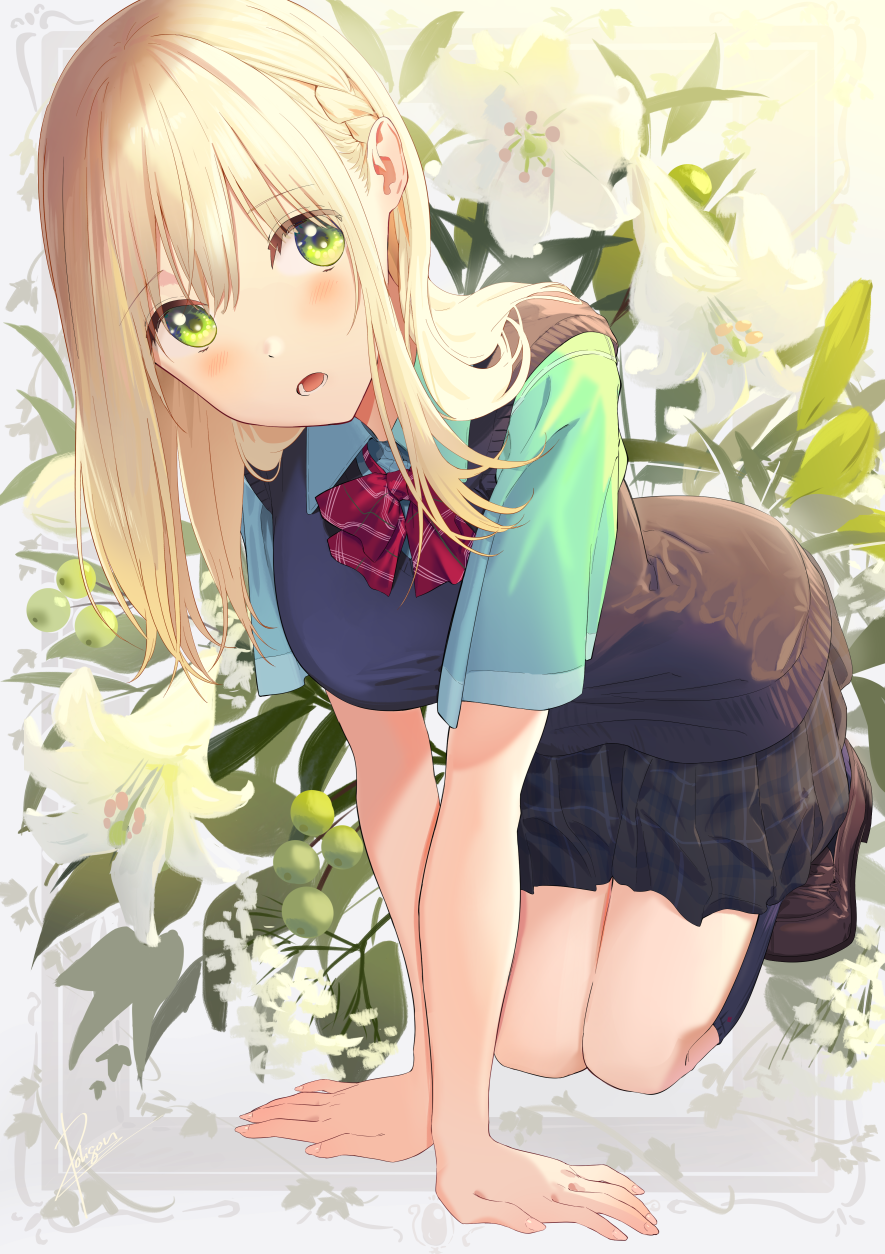 1girl all_fours bangs black_skirt blonde_hair blush bow braid breasts brown_footwear collared_shirt commentary_request diagonal_stripes eyebrows_visible_through_hair flower green_eyes green_shirt hair_between_eyes highres kneehighs loafers long_hair looking_at_viewer medium_breasts open_mouth original pleated_skirt poligon_(046) red_bow school_uniform shirt shoes short_sleeves skirt solo striped striped_bow sweater_vest white_flower