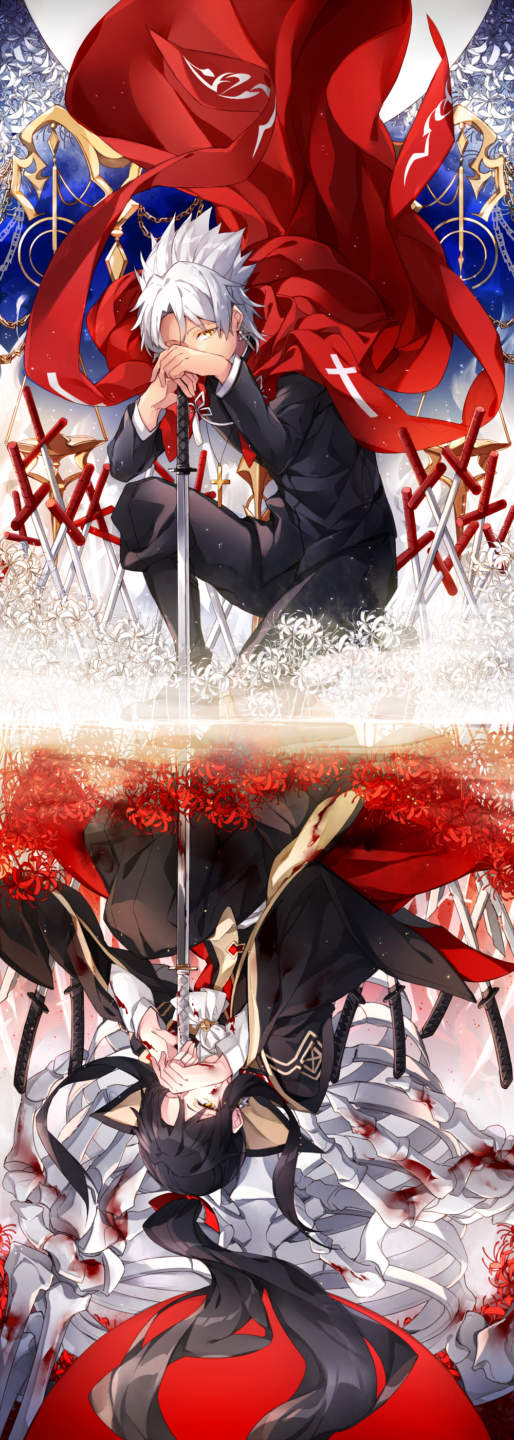 absurdres amakusa_shirou_(fate) bangs black_footwear black_hair black_keys black_pants black_shirt blood bloody_clothes bloody_weapon blue_background boots brown_eyes cape cravat cross cross_earrings cross_necklace dark_skin dark_skinned_male different_reflection dual_persona ear_piercing earrings fate/grand_order fate_(series) flower full_body hair_ribbon hakama_pants hands_on_hilt haori highres hizuki_miya japanese_clothes jewelry katana long_hair long_sleeves looking_down male_focus multiple_boys necklace one_knee pants piercing planted_sword planted_weapon ponytail priest red_background red_cape red_flower red_ribbon reflection ribbon shirt short_hair stole sword two-tone_background upside-down very_long_hair weapon white_flower white_hair white_neckwear