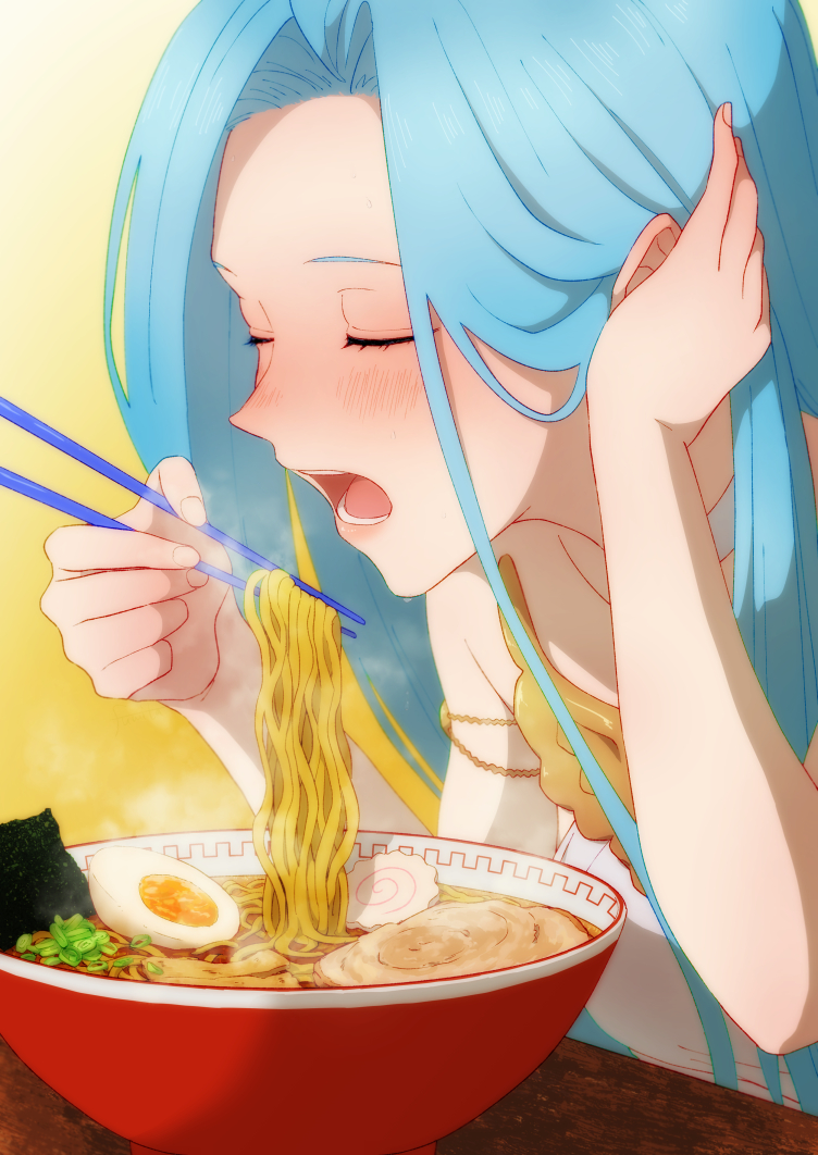 1girl blue_hair blush bowl chopsticks closed_eyes dress eating food fumita_grbl granblue_fantasy hair_tucking holding holding_chopsticks jewelry lyria_(granblue_fantasy) noodles portrait ramen solo white_dress