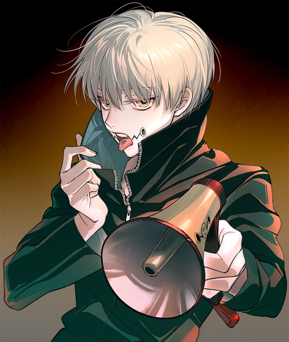 1boy black_background black_jacket blonde_hair brown_background brown_eyes commentary_request facial_tattoo gakuran gradient gradient_background hand_up high_collar holding holding_megaphone inumaki_toge jacket jujutsu_kaisen long_sleeves looking_at_viewer male_focus mayer megaphone partially_unzipped school_uniform solo tattoo tongue tongue_out tongue_tattoo upper_body