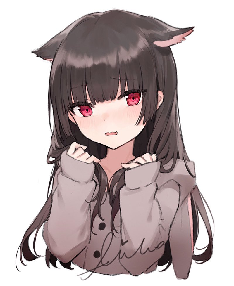 1girl aiko_(kanl) animal_ears animal_hood black_hair bunny_hood buttons cat_ears cropped_torso extra_ears floppy_ears frown grey_jacket hands_up hood hood_down hooded_jacket jacket long_hair long_sleeves looking_at_viewer open_mouth original rabbit_ears red_eyes sidelocks simple_background sleeves_past_wrists solo wavy_mouth white_background