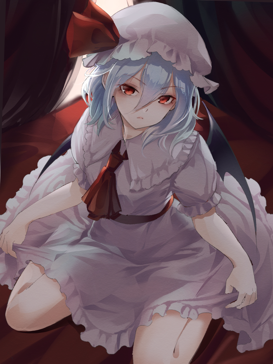 1girl ascot bat_wings blue_hair bow closed_mouth commentary curtains dress flat_chest hair_between_eyes hat hat_bow head_tilt highres indoors lifted_by_self looking_at_viewer mob_cap puffy_short_sleeves puffy_sleeves red_bow red_eyes red_neckwear remilia_scarlet short_hair short_sleeves sitting skirt skirt_lift solo touhou usotsuki_penta wariza white_dress white_headwear wings