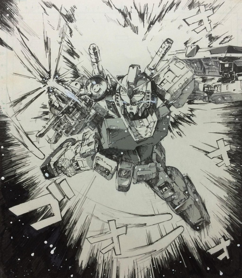 beam_rifle daue energy_gun firing flying glowing glowing_eyes gun gundam holding holding_gun holding_weapon looking_up mecha mobile_suit_gundam monochrome no_humans rx-78-2 science_fiction shield solo space traditional_media v-fin weapon