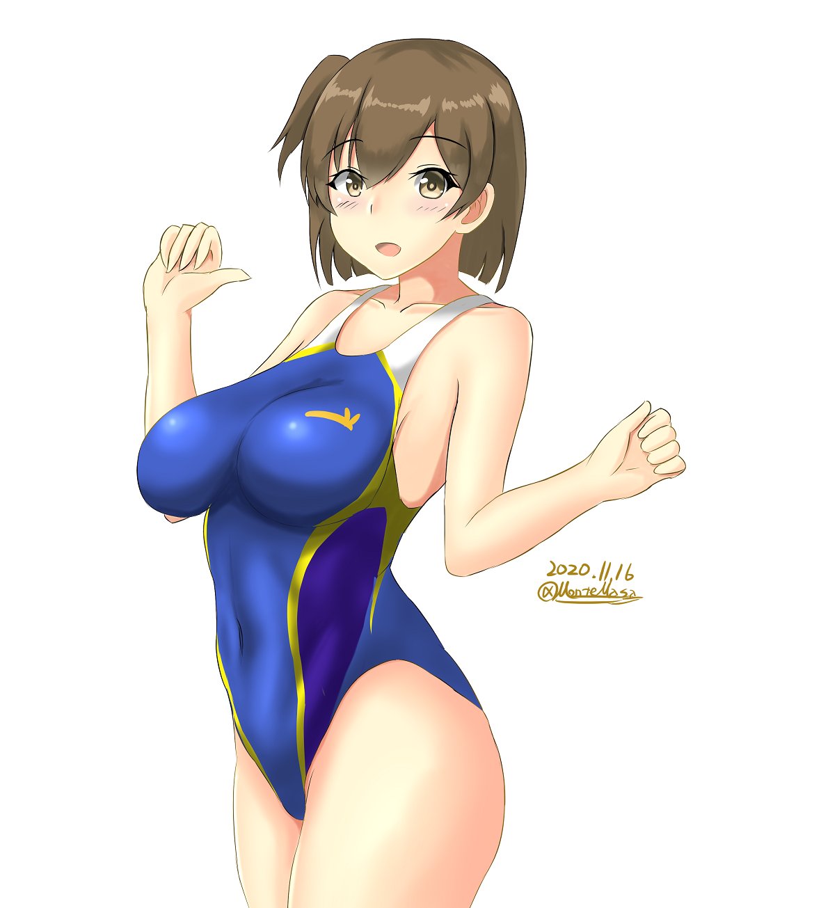 1girl blue_swimsuit breasts brown_eyes brown_hair commentary_request competition_swimsuit cowboy_shot dated highleg highleg_swimsuit highres hiryuu_(kantai_collection) impossible_clothes impossible_swimsuit kantai_collection large_breasts looking_at_viewer montemasa one-piece_swimsuit one_side_up short_hair simple_background solo swimsuit twitter_username white_background