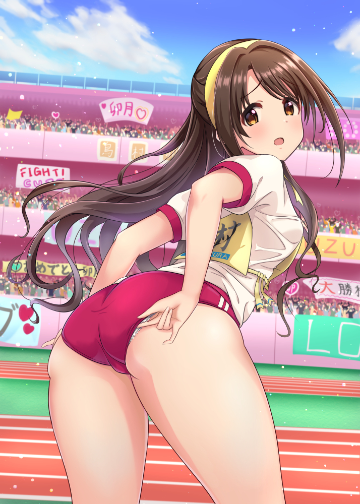 adjusting_buruma adjusting_clothes artist_request brown_hair buruma gym_uniform idolmaster idolmaster_cinderella_girls idolmaster_cinderella_girls_starlight_stage long_hair panties_under_buruma ribbon shimamura_uzuki sportswear stadium thick_thighs thighs yellow_ribbon