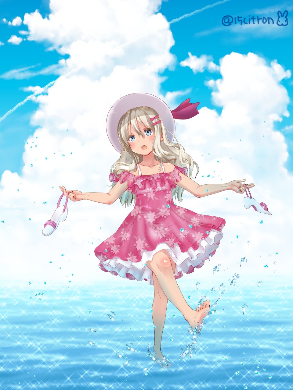 15citron 1girl alternate_costume barefoot blonde_hair blue_sky clouds commentary_request condensation_trail day dress frilled_dress frills grecale_(kancolle) green_eyes hair_ornament hairclip hat highres horizon kantai_collection long_hair ocean outdoors pink_dress shoes_removed sky solo sun_hat wading water wavy_hair white_headwear