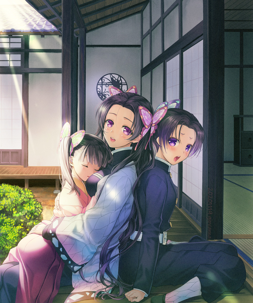 3girls bangs belt black_hair blunt_bangs blush breast_smother breasts bush butterfly_hair_ornament closed_eyes dated day face_to_breasts family full_body hair_ornament hand_on_another's_ass haori highres hug japanese_clothes kimetsu_no_yaiba kimono kochou_kanae kochou_shinobu long_hair long_sleeves multiple_girls open_mouth pants parted_bangs ponytail purple_hair seiza siblings sisters sitting sleeping smile sunlight tsuyuri_kanao violet_eyes wanashiro