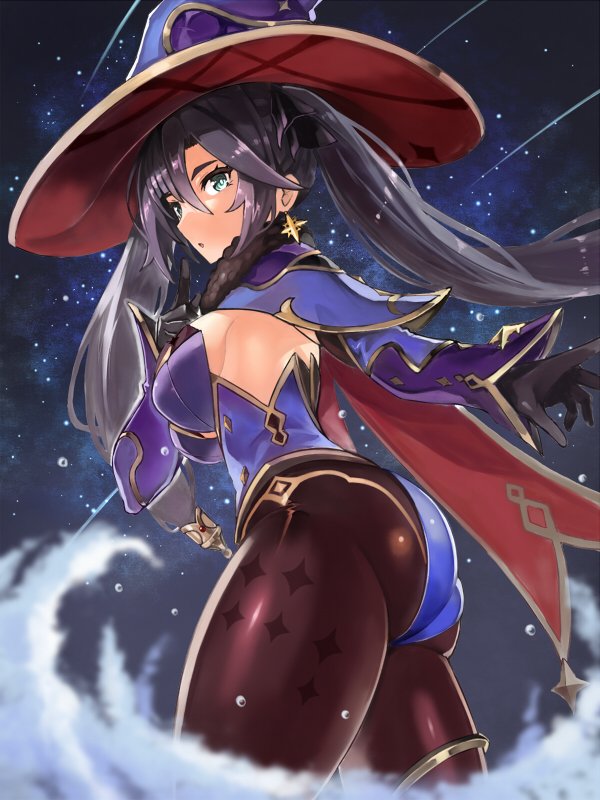 1girl aqua_eyes ass black_legwear bow breasts cape earrings edobox from_side genshin_impact hair_bow hat jewelry leotard mona_(genshin_impact) night night_sky purple_hair sideboob sky solo star_(sky) starry_sky twintails witch_hat