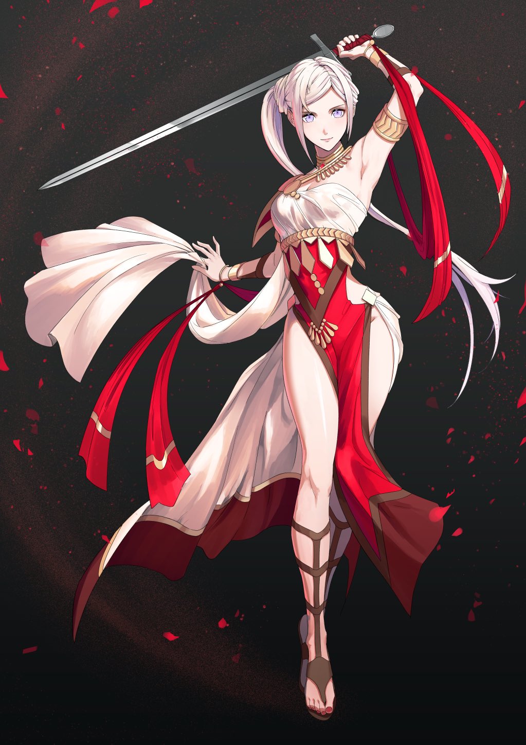 1girl alternate_costume alternate_hairstyle arm_up armlet bare_shoulders black_background bracelet closed_mouth commentary_request dancer dress edelgard_von_hresvelg fire_emblem fire_emblem:_three_houses floating_hair highres holding holding_sword holding_weapon jewelry long_hair looking_at_viewer mueririko necklace pelvic_curtain ponytail shawl side_ponytail silver_hair smile solo sword violet_eyes weapon white_dress