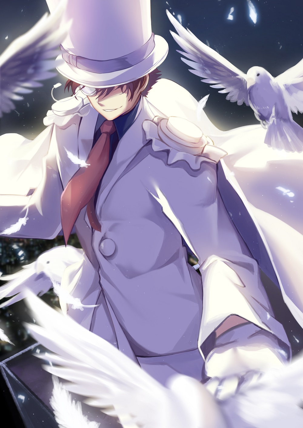 1boy bangs bird brown_hair cape commentary_request cowboy_shot dove feathers formal gloves hand_up hat highres jacket kaitou_kid kyuu_(chiu850513) long_sleeves magic_kaito male_focus meitantei_conan monocle necktie night outdoors pants red_neckwear short_hair smile solo suit top_hat white_cape white_feathers white_gloves white_headwear white_jacket white_pants white_suit