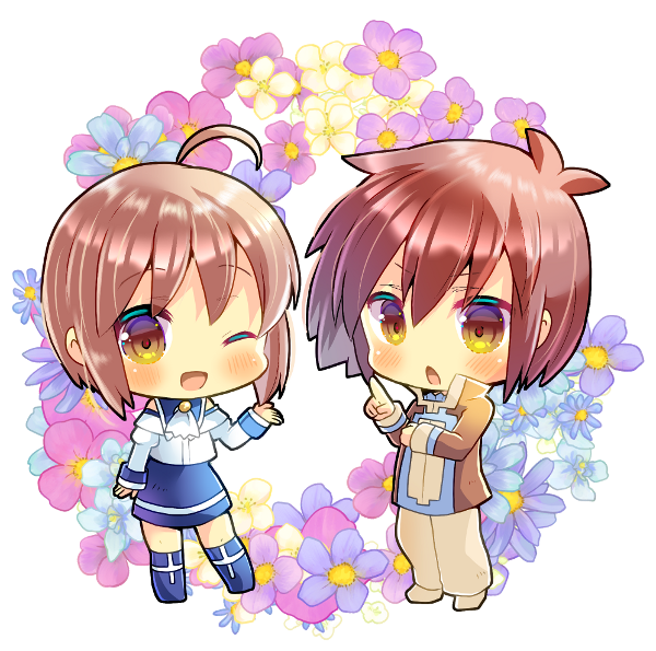 1boy 1girl ;d ahoge bangs blue_flower blue_footwear blue_skirt blush boots brown_eyes brown_hair brown_jacket chibi commentary_request copyright_request eyebrows_visible_through_hair floral_background flower hair_between_eyes index_finger_raised jacket knee_boots kouu_hiyoyo long_sleeves looking_at_viewer off-shoulder_shirt off_shoulder one_eye_closed open_mouth pants purple_flower shirt shoes skirt smile standing transparent_background white_background white_flower white_footwear white_pants white_shirt