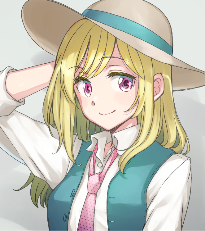 1girl aqua_vest collared_shirt copyright_request hand_on_headwear hat necktie niina_ryou open_clothes open_vest pink_eyes pink_neckwear polka_dot_neckwear shirt sleeves_pushed_up solo sun_hat vest white_shirt