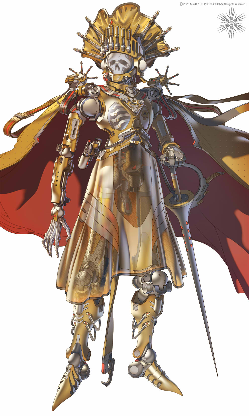 1boy armor arms_at_sides cape cyborg full_body hand_on_hilt highres joints miv4t original rapier ribs robot_joints see-through skeleton skull solo standing sword weapon white_background