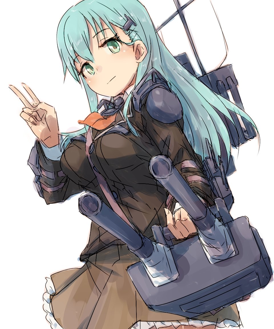 1girl adapted_turret alchera aqua_eyes aqua_hair ascot between_breasts blazer breasts brown_jacket brown_skirt cannon cowboy_shot hair_ornament hairclip jacket kantai_collection long_hair machinery pleated_skirt school_uniform simple_background skirt solo strap_between_breasts suzuya_(kantai_collection) turret v white_background