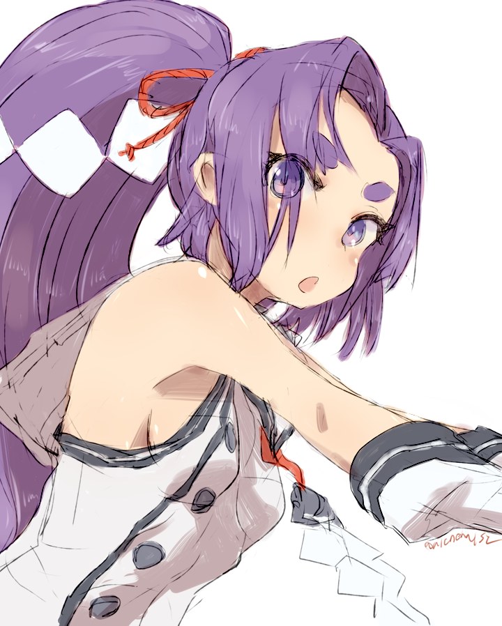 1girl alchera chestnut_mouth dress gloves hatsuharu_(kantai_collection) kantai_collection long_hair looking_at_viewer ponytail purple_hair remodel_(kantai_collection) sailor_dress shide simple_background sleeveless sleeveless_dress solo thick_eyebrows violet_eyes white_background white_gloves