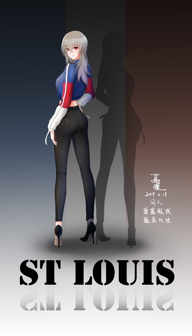 1girl 2019 artist_request ass azur_lane black_footwear black_pants blue_sweater character_name french_flag full_body grey_hair hair_between_eyes high_heels long_hair looking_at_viewer looking_back midriff pants red_eyes saint-louis_(azur_lane) shoes skin_tight solo stiletto_heels sweater