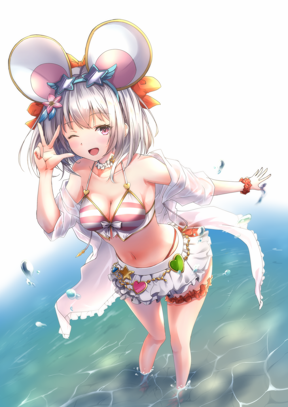 1girl ;d animal_ears bikini breasts choker collarbone commentary_request eyebrows_visible_through_hair frilled_bikini frills granblue_fantasy hajime_kazuhito hand_up highres looking_at_viewer medium_breasts mouse_ears navel one_eye_closed open_mouth outstretched_arm pink_eyes red_scrunchie scrunchie short_hair silver_hair smile solo standing striped striped_bikini swimsuit v vikala_(granblue_fantasy) water white_bikini white_choker wrist_scrunchie