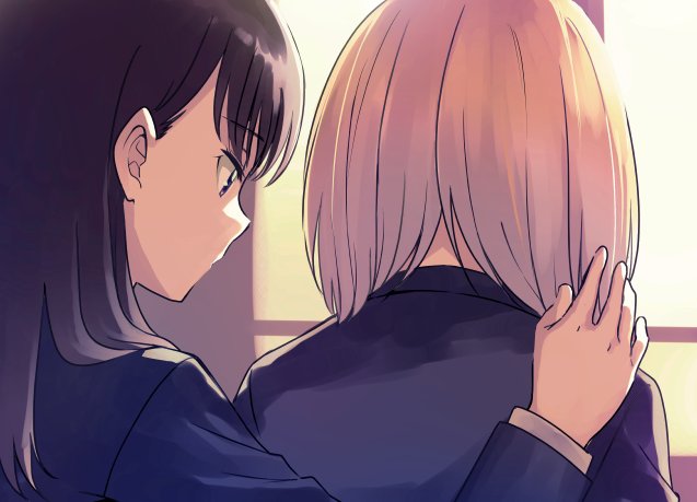 2girls black_hair facing_away from_behind hand_on_another's_shoulder long_hair multiple_girls niina_ryou pink_hair profile school_uniform shinjou_akane short_hair ssss.gridman takarada_rikka