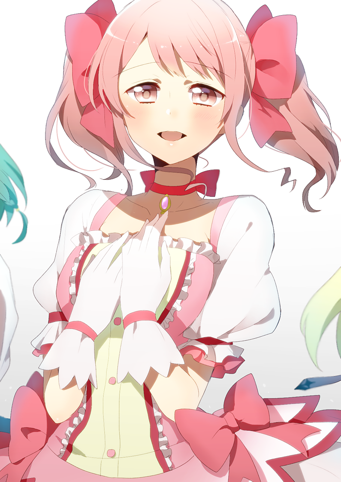 1girl bang_dream! bangs blush bow choker cosplay crossover dress_bow eyebrows_visible_through_hair gem gloves hair_bow hands_on_own_chest harusawa kaname_madoka kaname_madoka_(cosplay) magical_girl mahou_shoujo_madoka_magica maruyama_aya medium_hair open_mouth pink_bow pink_eyes pink_hair pink_neckwear pink_ribbon puffy_short_sleeves puffy_sleeves ribbon ribbon_choker short_sleeves short_twintails solo swept_bangs twintails upper_body white_background white_gloves