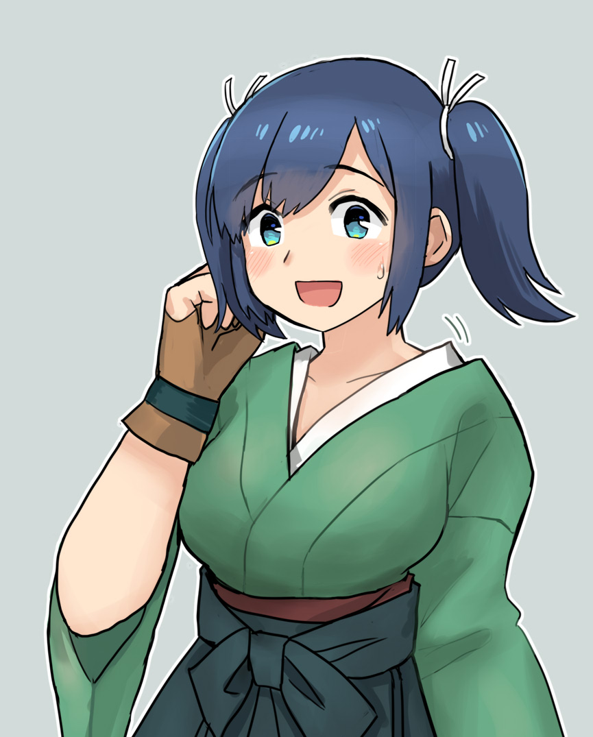 1girl :d blue_eyes blue_hair blush breasts brown_gloves eyebrows_visible_through_hair gloves hair_ribbon hakama_skirt japanese_clothes kantai_collection large_breasts light_blue_background mkbt open_mouth partially_fingerless_gloves ribbon simple_background single_glove smile solo souryuu_(kantai_collection) twintails upper_body white_ribbon yugake